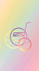 This illustration features a vibrant pastel gradient background with a prominent outline of the wheelchair symbol. In the foreground, there is a circular shape, adding depth to the composition 