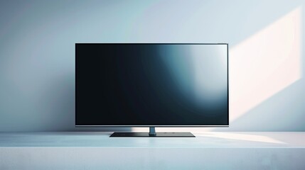 A flat screen TV rests on a white table, creating a modern display setup