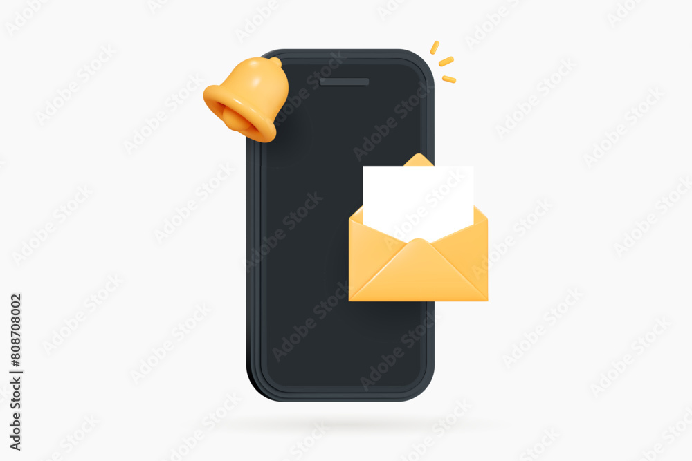 Poster 3d mobile phone with open letter in envelope and bell notification. message sent by email. online ne