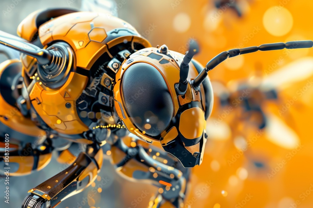 Aufkleber Striking image of a futuristic robotic bee model with blue gradient background, focusing on the head detail