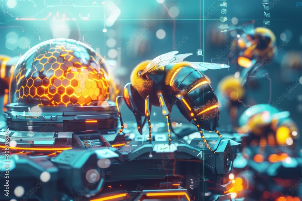 Poster A digital rendering of a bee on a futuristic hive design contrasts natural elements with advanced technology