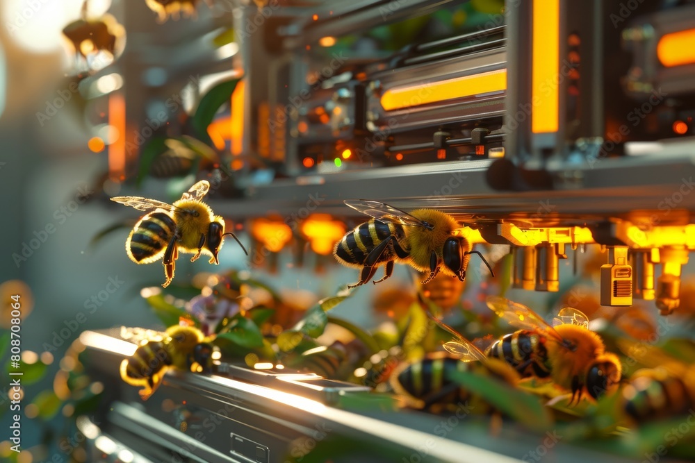 Poster Bees are digitally rendered on high-tech computer hardware, symbolizing the fusion of nature and technology