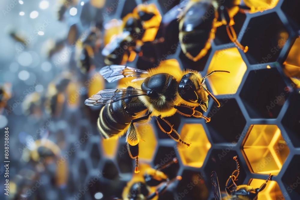 Poster The hyper-realistic image features a detailed 3D bee settled on a shiny, reflective honeycomb surface