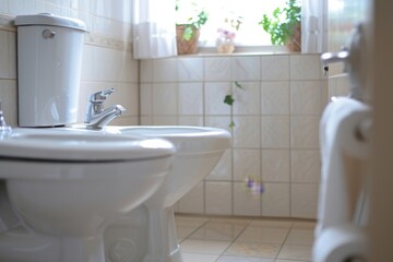 A clean bathroom setup with a sink, a mirror, toilet, and houseplants giving a refreshing ambiance