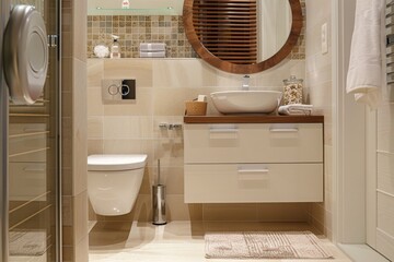Stylish bathroom space with beige tiles, wooden cabinets, and modern fixtures for a luxurious feel