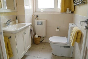 Warm and inviting bathroom with light tiles, featuring a sink, toilet, and yellow towels for a splash of color