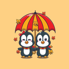 Cute couple penguin with umbrella at autumn season cartoon vector illustration