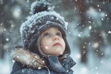 A small child bundled up in winter wear gazes upward during a snowy day