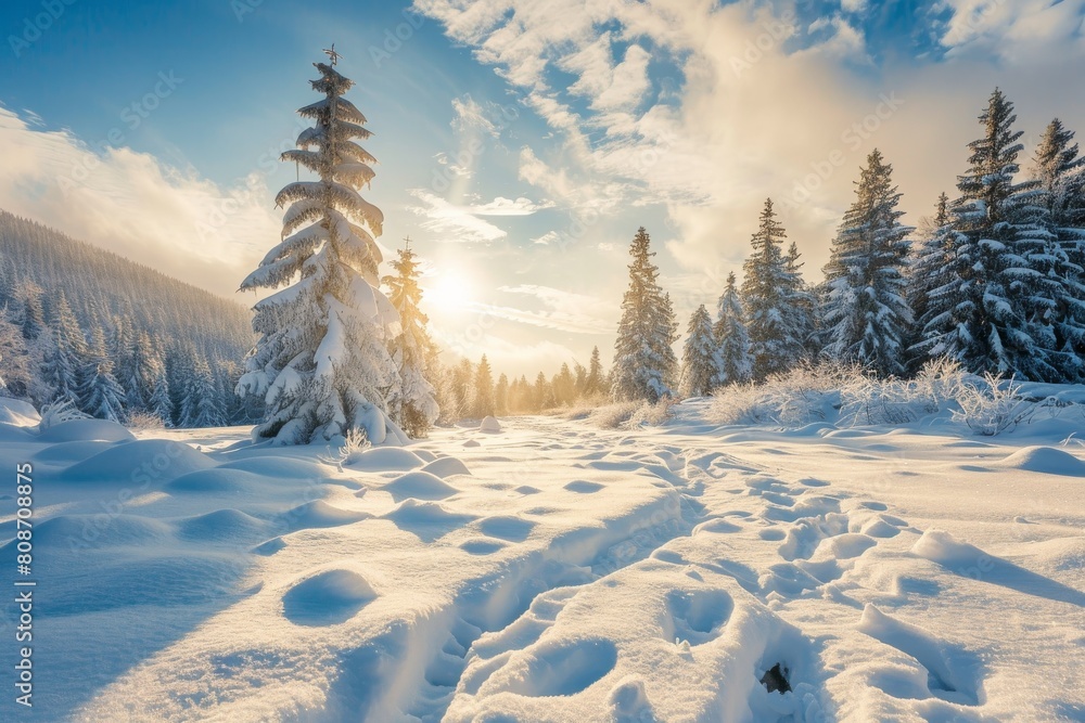 Poster a serene winter scene with snow-covered pine trees and the sun peeking through, casting a warm glow 