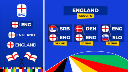 England football 2024 match versus set. National team flag 2024 and group stage championship match versus teams.