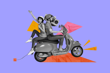 Composite photo collage of cheery couple ride vespa moped girl sing mic guy hold boombox concert travel trip isolated on painted background