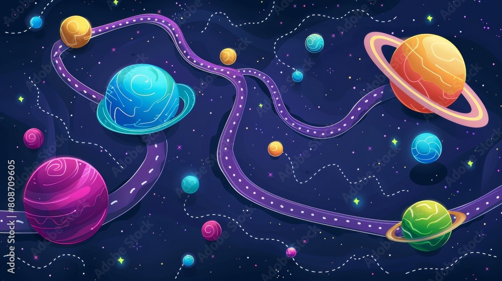 Poster this cartoon modern illustration shows a level map with alien planets on a dotted route to the finis