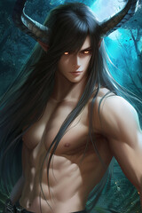Portrait of a handsome fantasy male demon with muscular body, sexy man, handsome male face, drawing, digital art, fantasy magic