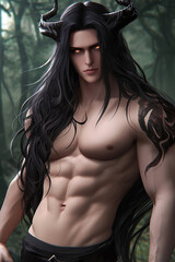 Portrait of a handsome fantasy male demon with muscular body, sexy man, handsome male face, drawing, digital art, fantasy magic