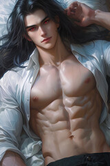 Portrait of a handsome fantasy male demon with muscular body, sexy man, handsome male face, drawing, digital art, fantasy magic