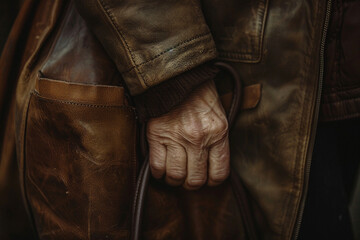 Close up image of person hand carry old bag created with generative ai concept