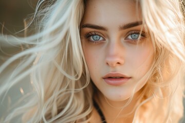 Fototapeta premium Youthful Beautiful girl blonde hair. Fashionable and originally lady. Generate AI