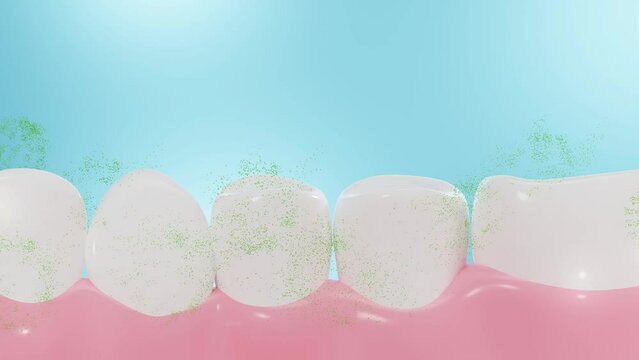 Plenty of tiny blue bubbles fall down to help clean stains and bacteria that are clinging to teeth over a light blue background. Video for toothpaste products advertising with 3D rendering