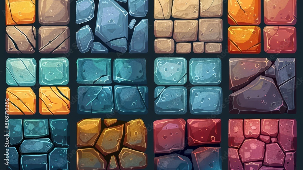 Poster a cartoon set of stone game ui assets. rectangular banners and tablets with stony textures. menu, sc