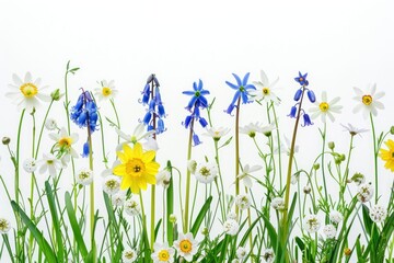Closeup of wild grass and flowers on white background