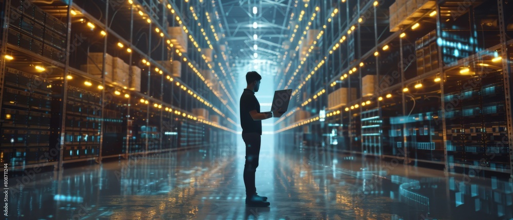 Aufkleber the chief technology officer of a data center is holding a laptop, standing in a warehouse and watch