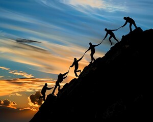 A group of people are climbing a mountain. They are helping each other to reach the top. The sky is orange and the sun is setting.