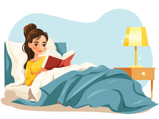 Obraz premium waiter background, Girl reading a book in bed., very simple and isolate in the style of animated illustrations, waiter background,