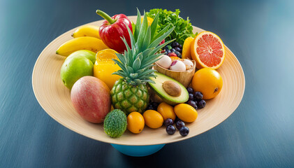 A colorful assortment of fresh fruits and vegetables including pineapple, oranges, apples, grapes, avocado, and leafy greens arranged on a wooden
