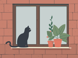 a cartoon cat sits in a window with a red brick wall and a brick wall with a cartoon image of a cat looking out the window.