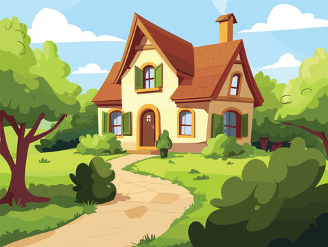 wither background, Elda house with a winding path leading to the front door., very simple and isolate in the style of animated illustrations, wither background