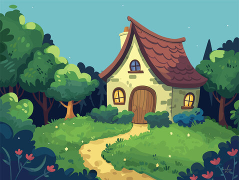 wither background, Elda house with a winding path leading to the front door., very simple and isolate in the style of animated illustrations, wither background