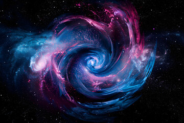 Vibrant neon cosmic galaxy with swirling pink and blue nebula. Abstract art on black background.