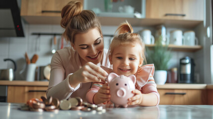 Caring young mother teaching small preschool kid daughter saving money or planning future purchases, putting coins in small piggybank in modern kitchen