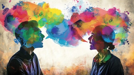 Acrilico sobre lienzo, retrato de dos personas hablando con coloridas cabezas abstractas llenas de pensamientos y emociones. - obrazy, fototapety, plakaty
