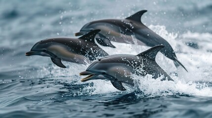 Obraz premium family of playful dolphins leaping out of the water