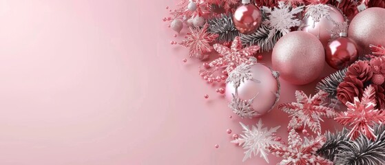 A Christmas decoration composition on pastel pink background for a happy new year. Rendering in 3D
