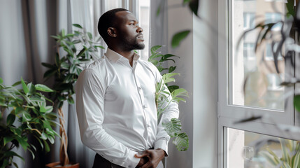 An African American businessman looking out the window in a modern office