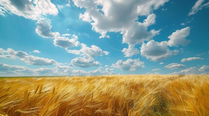 field of golden wheat swaying in the wind under a blue sky 