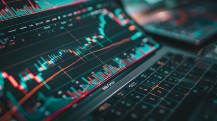 Obraz premium Charts of financial instruments with various type of indicators including volume analysis for professional technical analysis on the monitor of a computer.