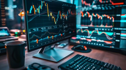 Charts of financial instruments with various type of indicators including volume analysis for professional technical