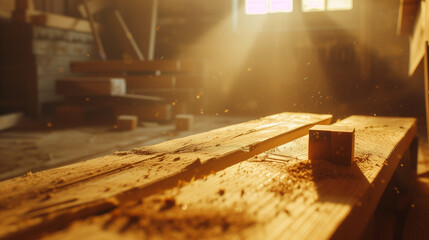 Carpenter workshop, wooden planks.