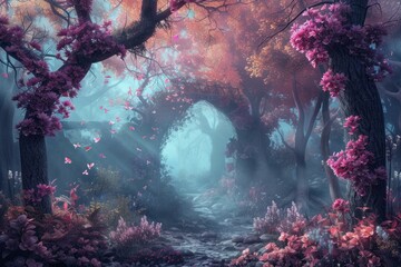 Dreamy woodland scene with a stone arch, blooming trees, and fluttering butterflies in misty light