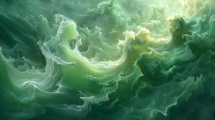 A digital artwork that interprets the motion of algae in water as fluid, swirling brushstrokes, blending various shades of green against a watery backdrop, evoking a sense of movement and growth.