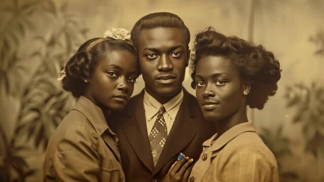 Vintage family portrait of an African American man posing with his wife and daughter.