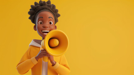3d African young woman character holding loudspeaker on isolated color background with space for copy