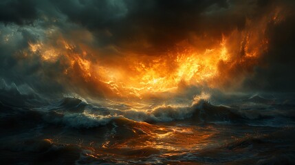 A dramatic scene depicting the horizon set ablaze with amber streaks against a dark stormy sky, creating a symbolic representation of hope and destruction intertwined. - Powered by Adobe