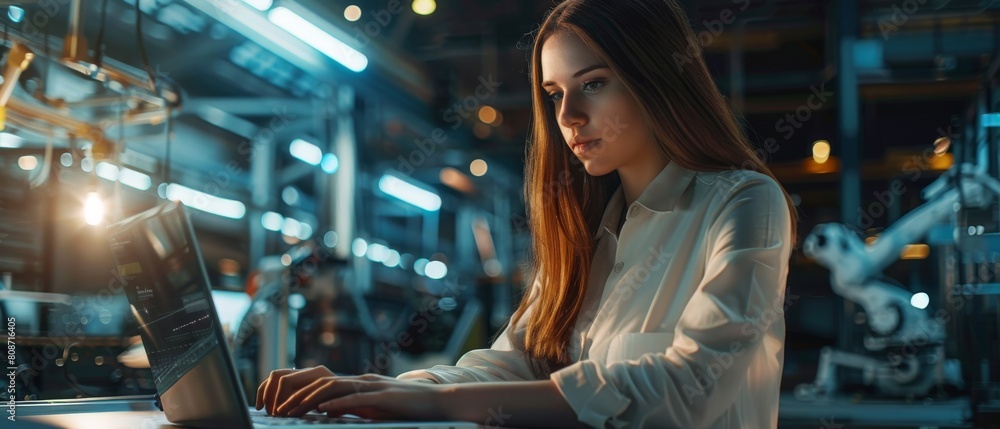 Poster young robotics engineer analyzing robotic machine concept in a high tech factory with laptop compute