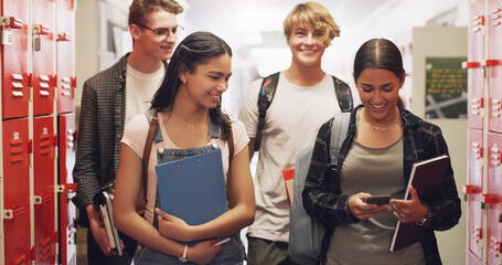High school, students and friends group in hallway at education campus for learning, academic or...