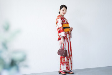 Cute Woman in Red Yukata Full Length White Background