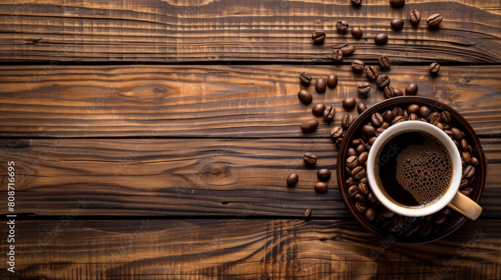 Poster coffee cup and beans on old wood background selective focus. Top view with copy space for your text